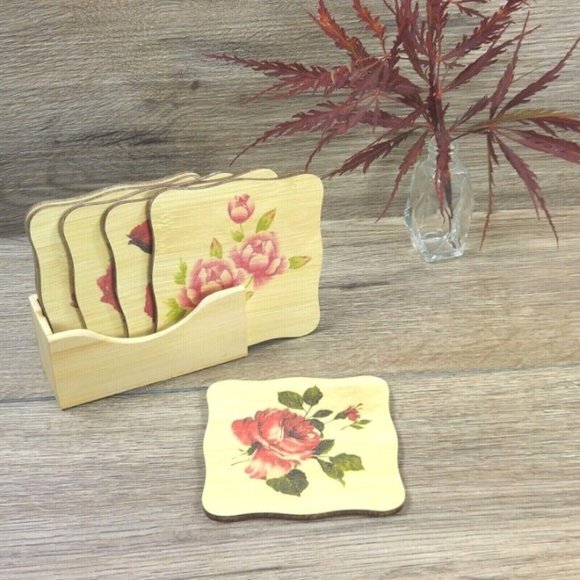 Coaster Set Wooden Flowers Drinks Coaster w/Holder Home Housewarming Gift VTG - Picture 2 of 7